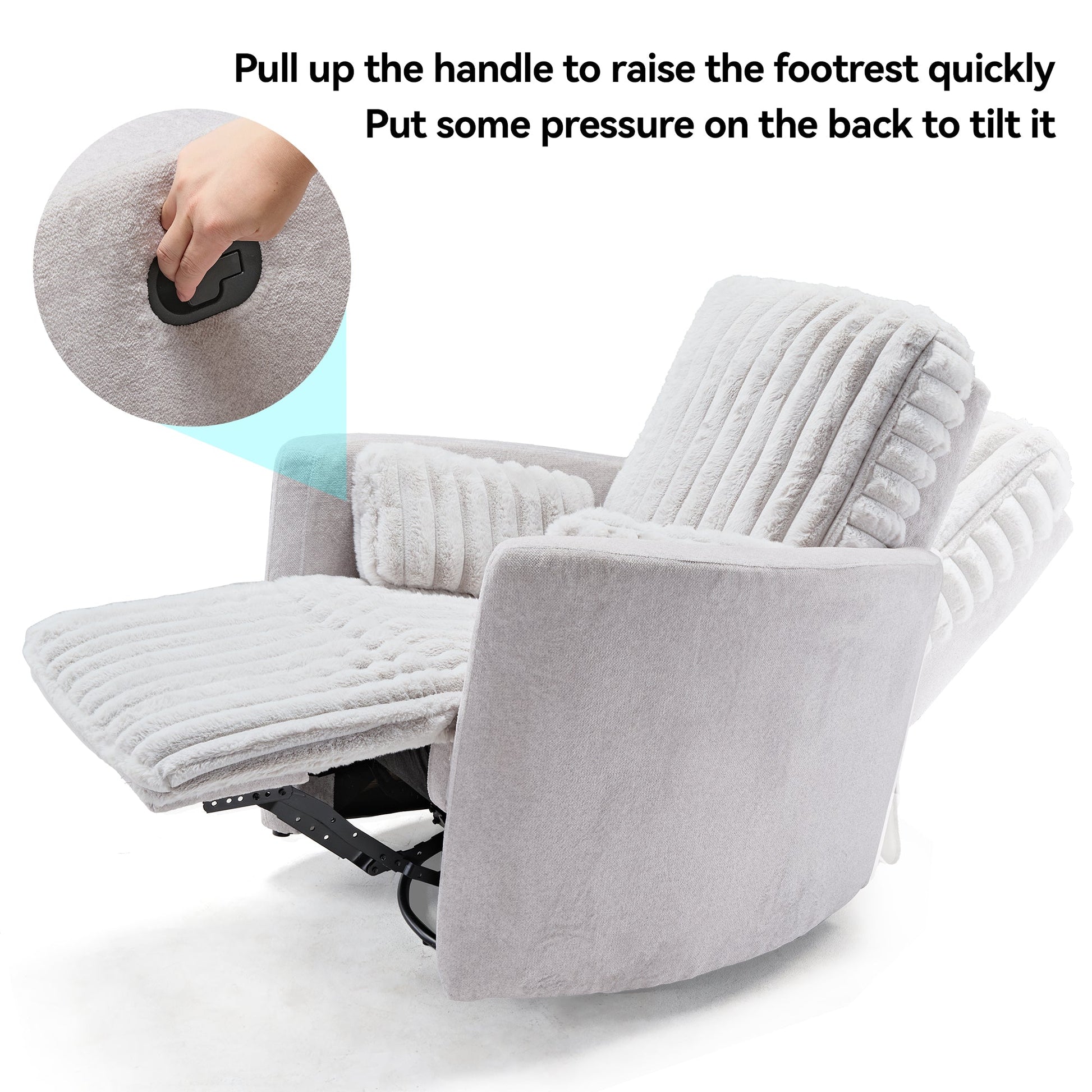 Lucia Swivel Rocking Recliner in Light Grey, Demonstrating Easy Manual Recline With Handle.