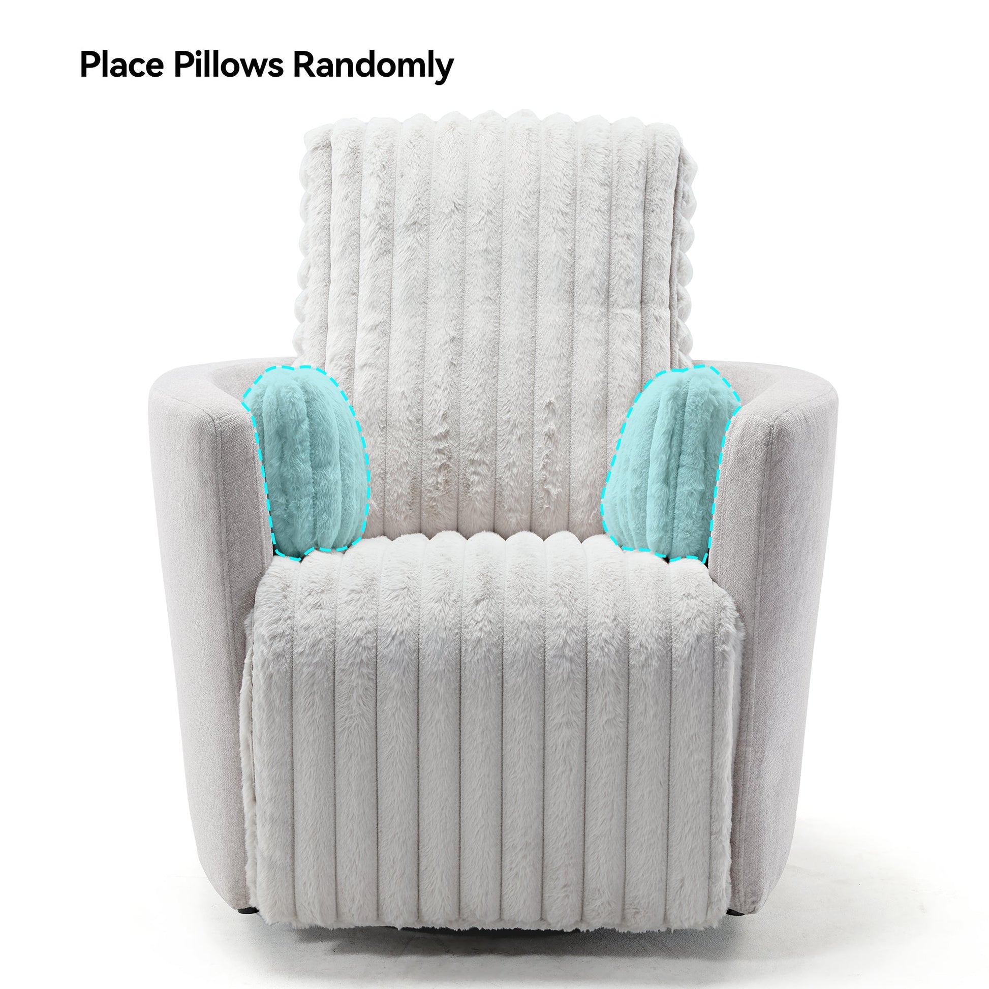 Lucia Swivel Rocking Recliner With White Textured Upholstery, Place Pillows Randomly for Comfort.