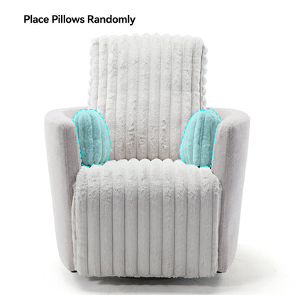 Lucia Swivel Rocking Recliner With White Textured Upholstery, Place Pillows Randomly for Comfort.
