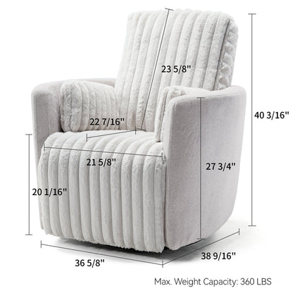 Lucia Swivel Rocking Recliner in White Textured Upholstery, With Dimensions Visible.
