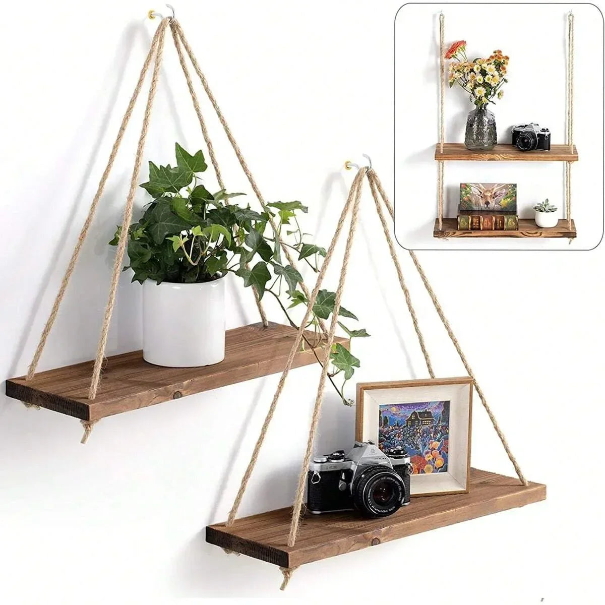 Sollievo Wooden Hemp Rope Hanging Shelf