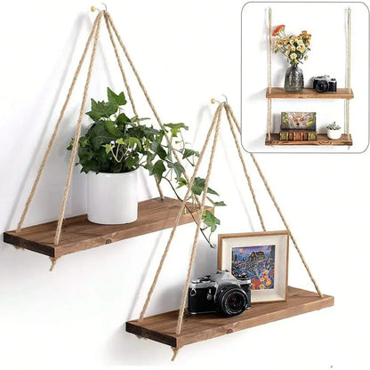 Sollievo Wooden Hemp Rope Hanging Shelf