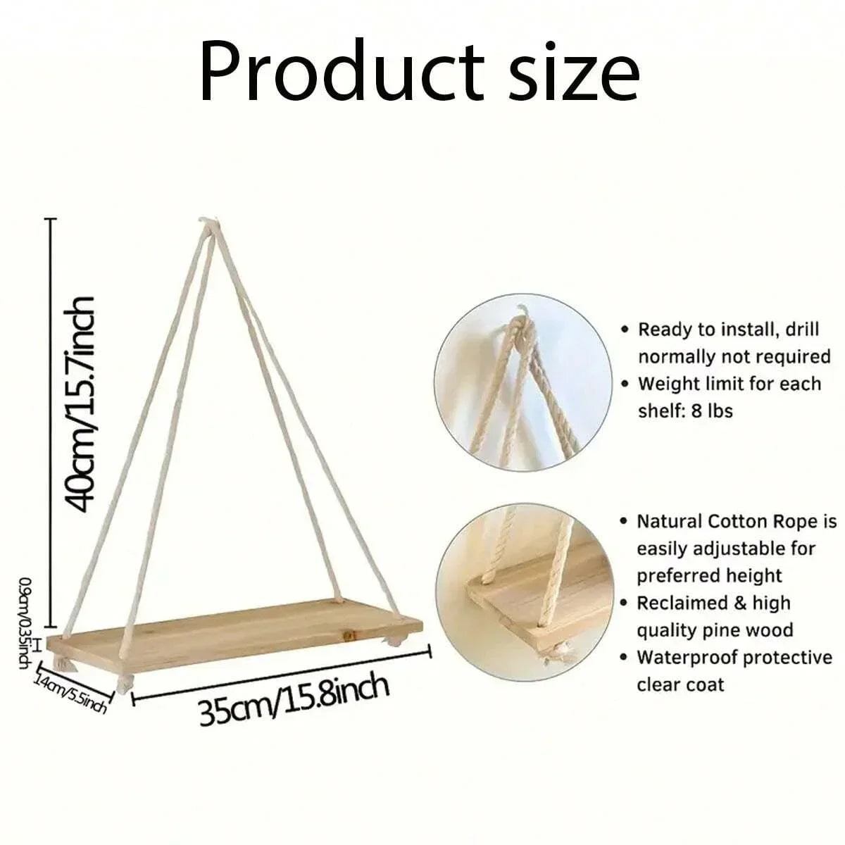 Sollievo Wooden Hemp Rope Hanging Shelf