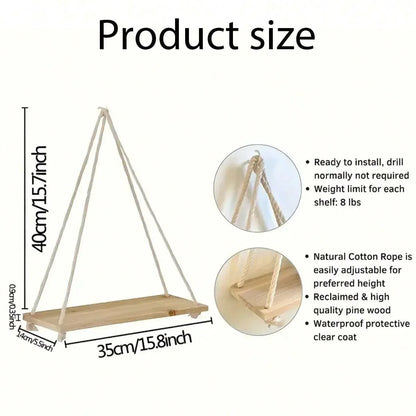 Sollievo Wooden Hemp Rope Hanging Shelf