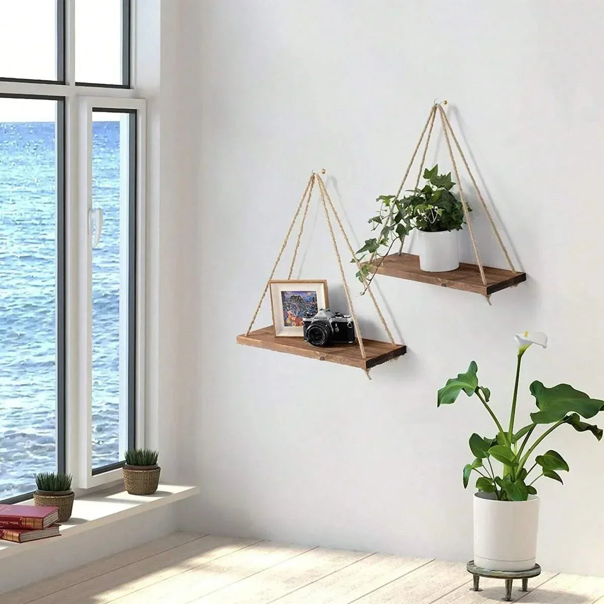 Sollievo Wooden Hemp Rope Hanging Shelf