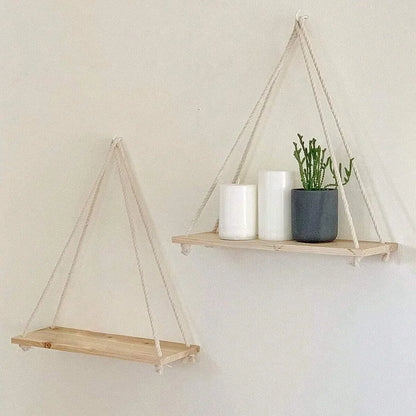 Sollievo Wooden Hemp Rope Hanging Shelf