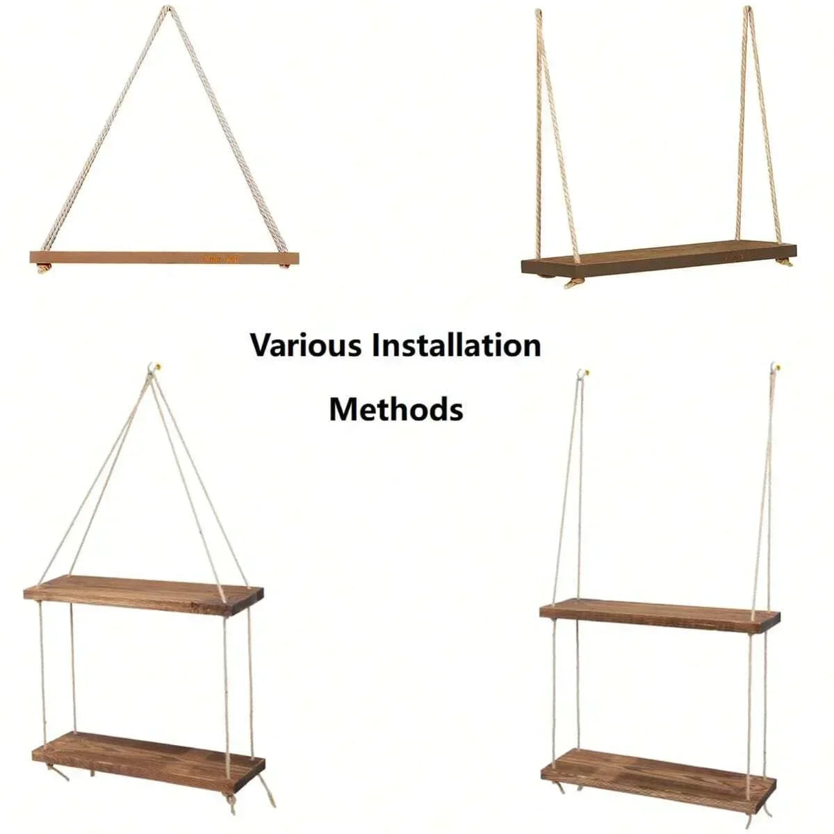Sollievo Wooden Hemp Rope Hanging Shelf