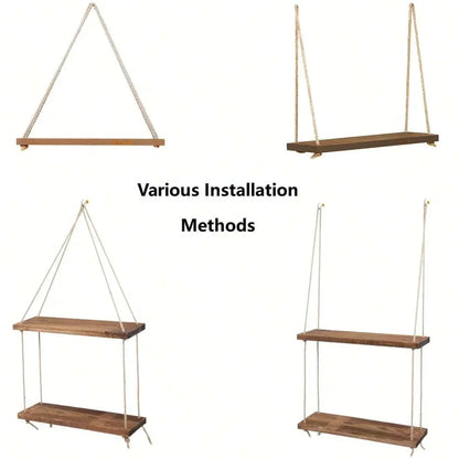 Sollievo Wooden Hemp Rope Hanging Shelf