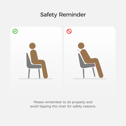 Dining Chair Safety Reminder: Correct vs. Incorrect Sitting Positions. Avoid Tipping the Chair for Safety.