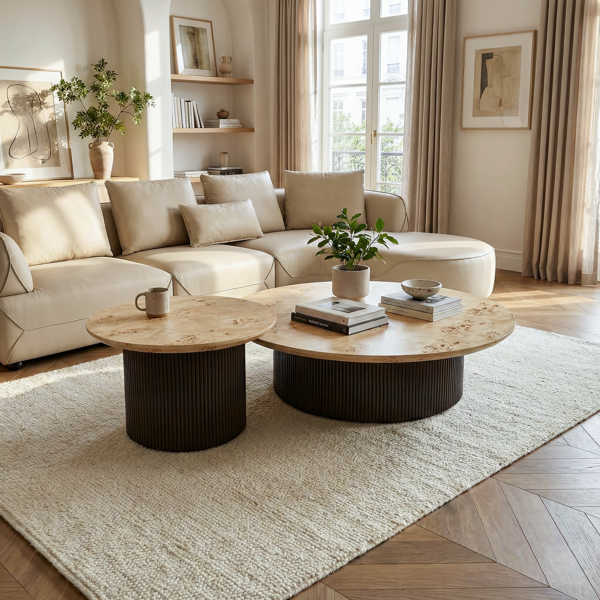 Birch Veneer Coffee Table Set of 2 With Modern Design. Light Wood Top and Dark Metal Base, Elegant Living Room.