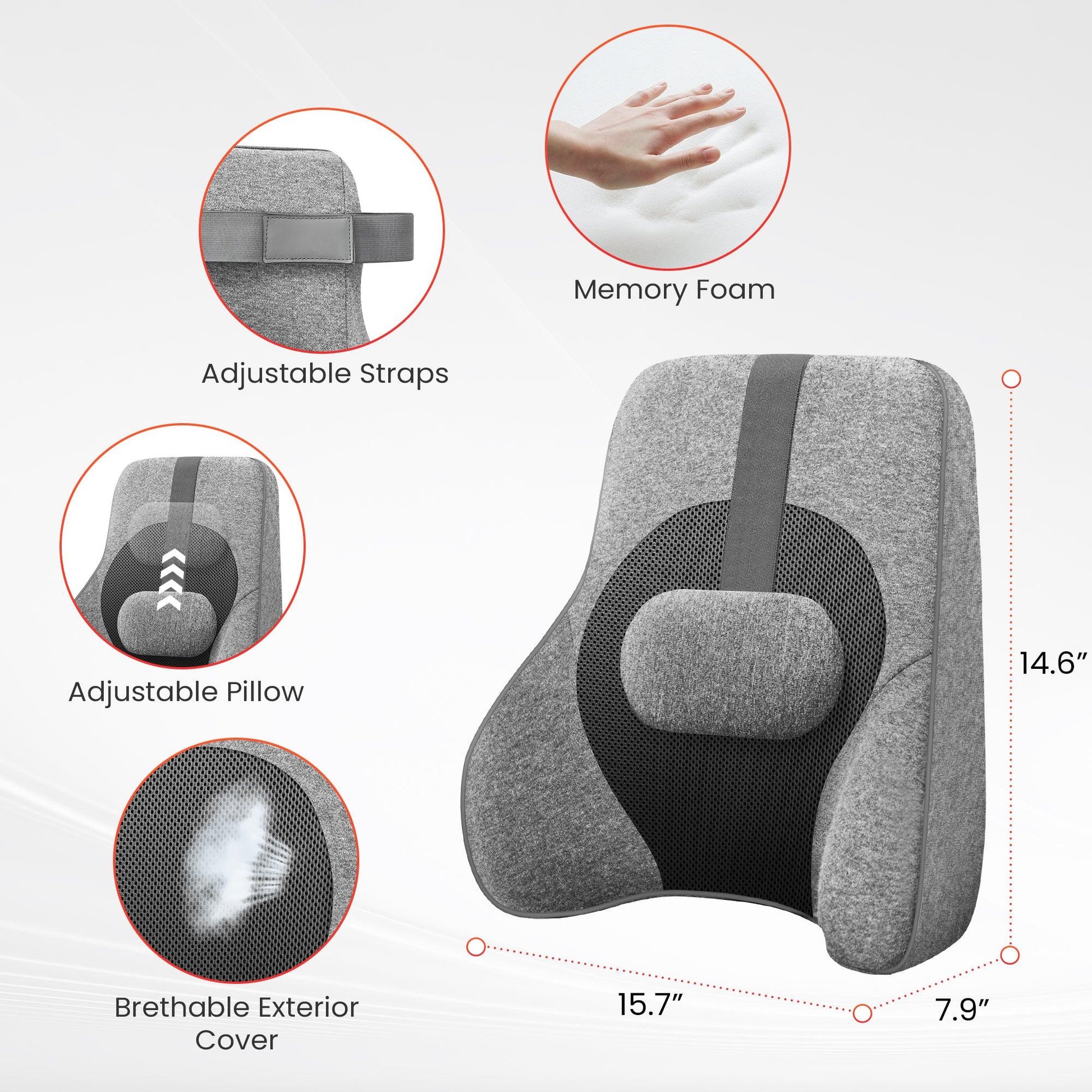 Comfier Comfier Back Lumbar Support Pillow, with 4 Shiatsu Massage Heads & Heating Function, Memory Foam for Office Chair Car Gaming Chair CF-1503S