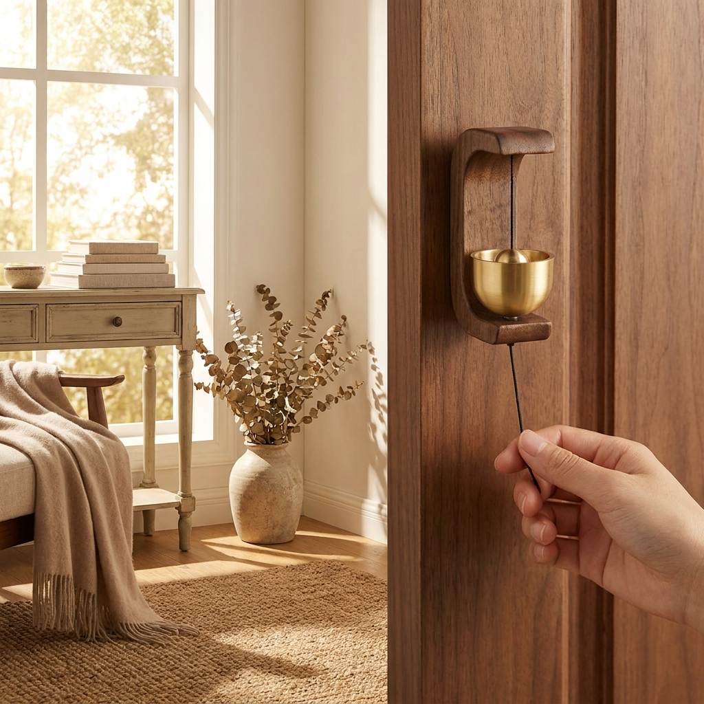 Wireless Door Chime with Brass Bell and Wooden Frame - lifestyle