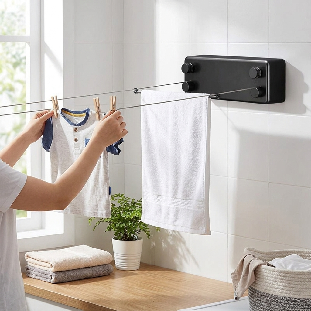 Space-Saving Retractable Clothesline lifestyle