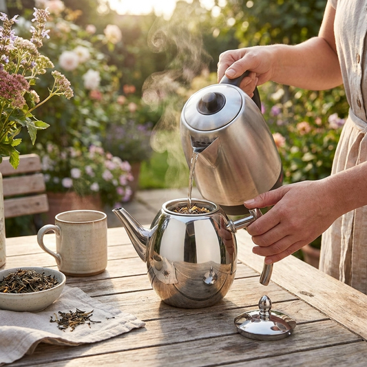 Sollievo Elegant Stainless Steel Teapot lifestyle