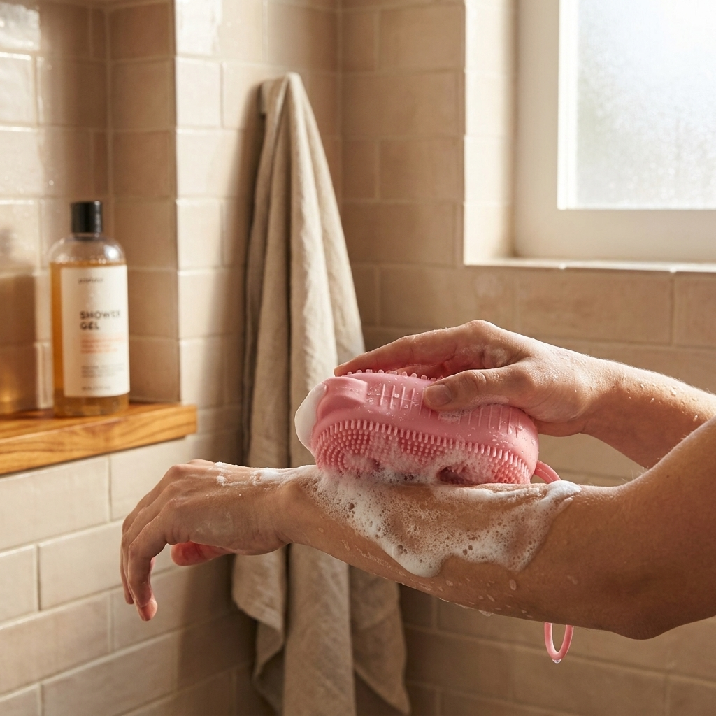 Sollievo Silicone Body Scrubber with Soap Dispenser lifestyle