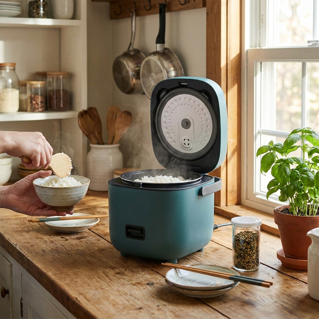 Sollievo Mini Rice Cooker with Steamer Tray lifestyle