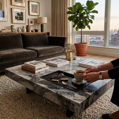 Sollievo 39" Square Marble Coffee Table with Sunken Tray