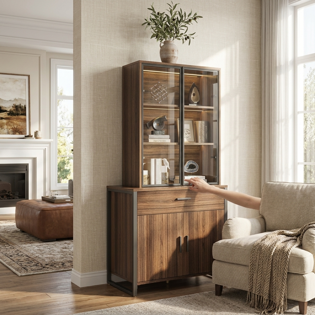 Sollievo 77" Display Bookshelf with Glass Door & Storage Cabinets, Walnut