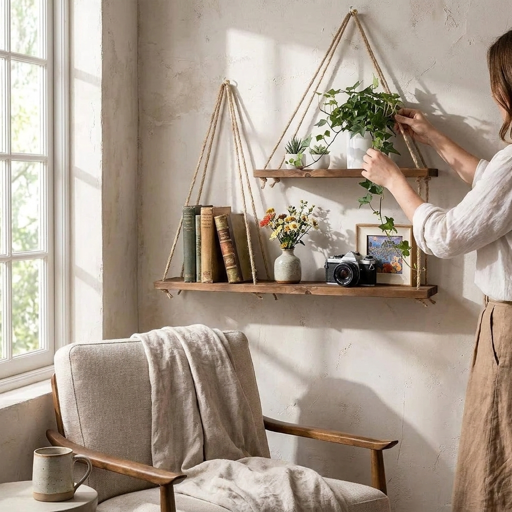 Wooden Hemp Rope Hanging Shelf