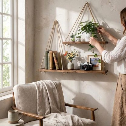 Wooden Hemp Rope Hanging Shelf
