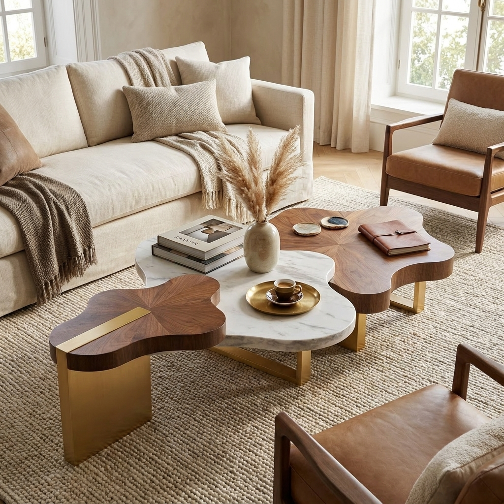 63" Cloud Shape Solid Wood Coffee Table Set