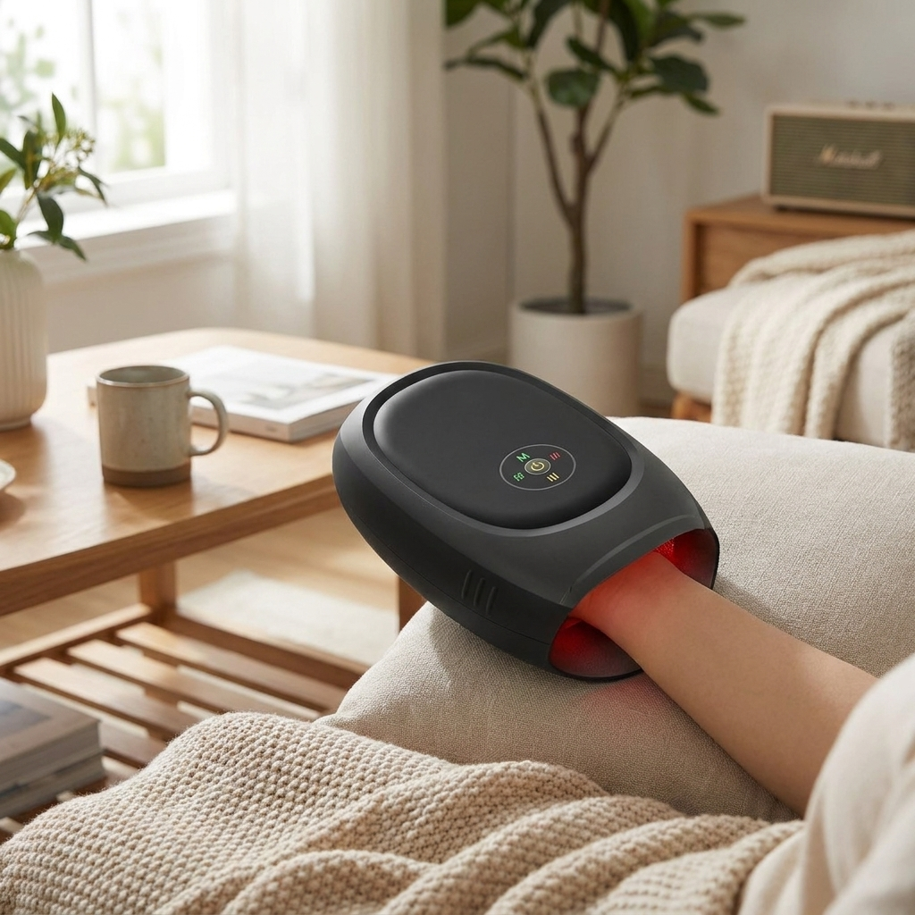 Wireless App-Controlled Hand and Wrist Massager - in use