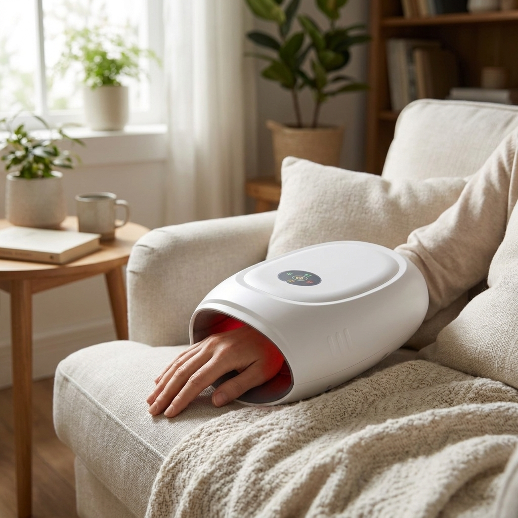 Wireless App-Controlled Hand and Wrist Massager - White variant, in use