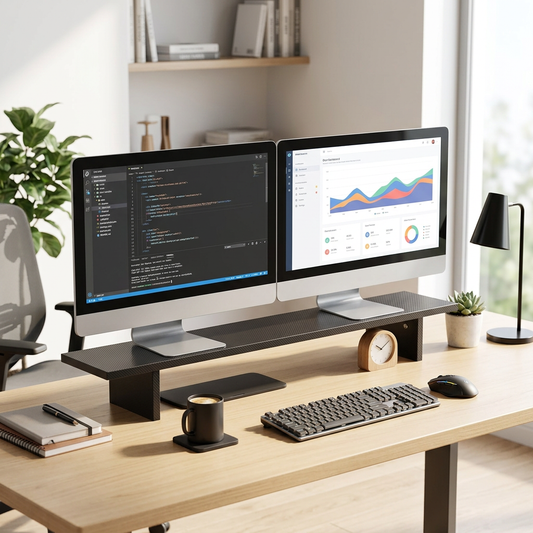 Sollievo Carbon Fiber Dual Monitor Stand in Use With Dual Monitors and Keyboard on Modern Desk
