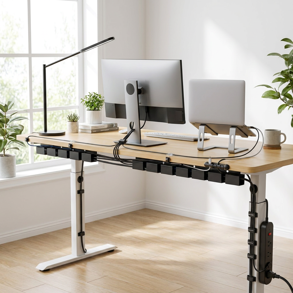 Sollievo Cable Management System, Organized Desk Setup With Concealed Cables