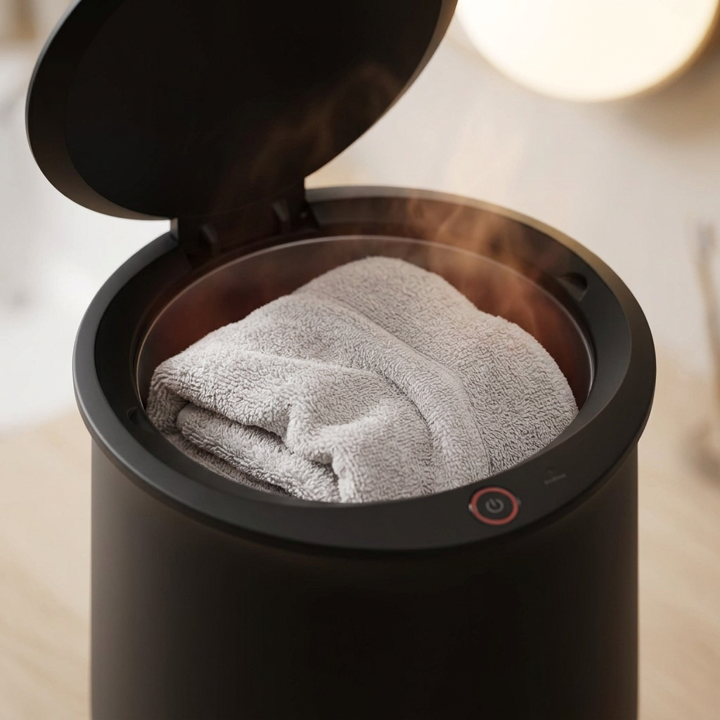 Sollievo Hot Towel Warmer, Open Lid With Warm Towel