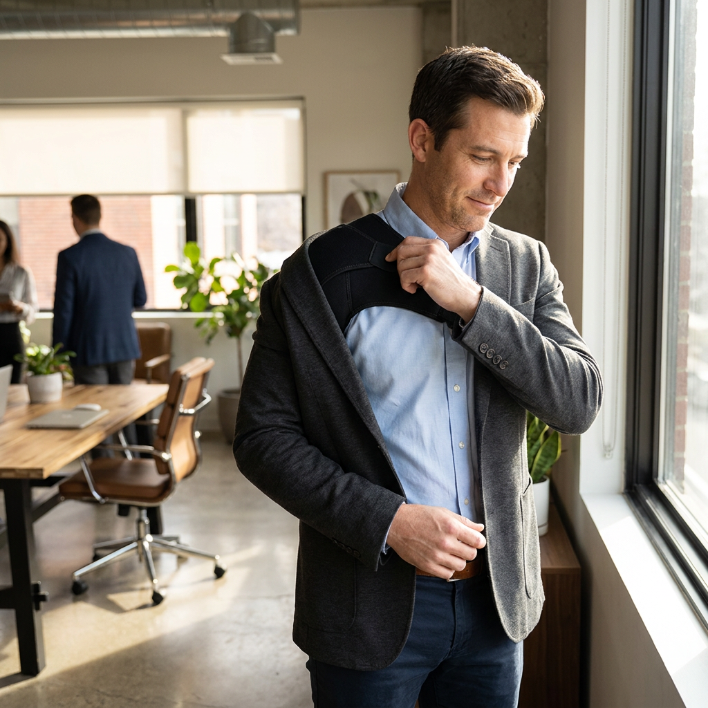 Sollievo Adjustable Shoulder Wrap, Worn Under Jacket, Office Lifestyle
