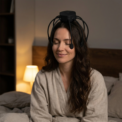 Woman relaxing at night with the Sollievo Cordless Head Massager resting on her head